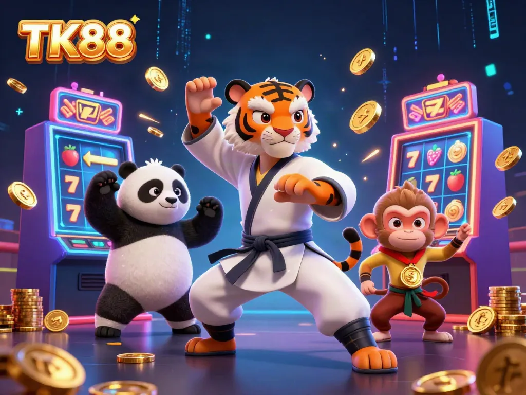Engage in thrilling gaming action at TK88 with colorful slots, kung fu characters, and vibrant casino elements.