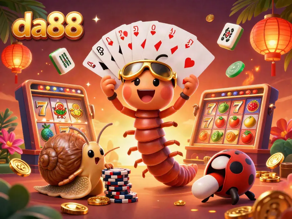 Experience the vibrant gaming world of da88 with a lively 3D casino scene featuring a millipede dealer and thrilling slot game action.