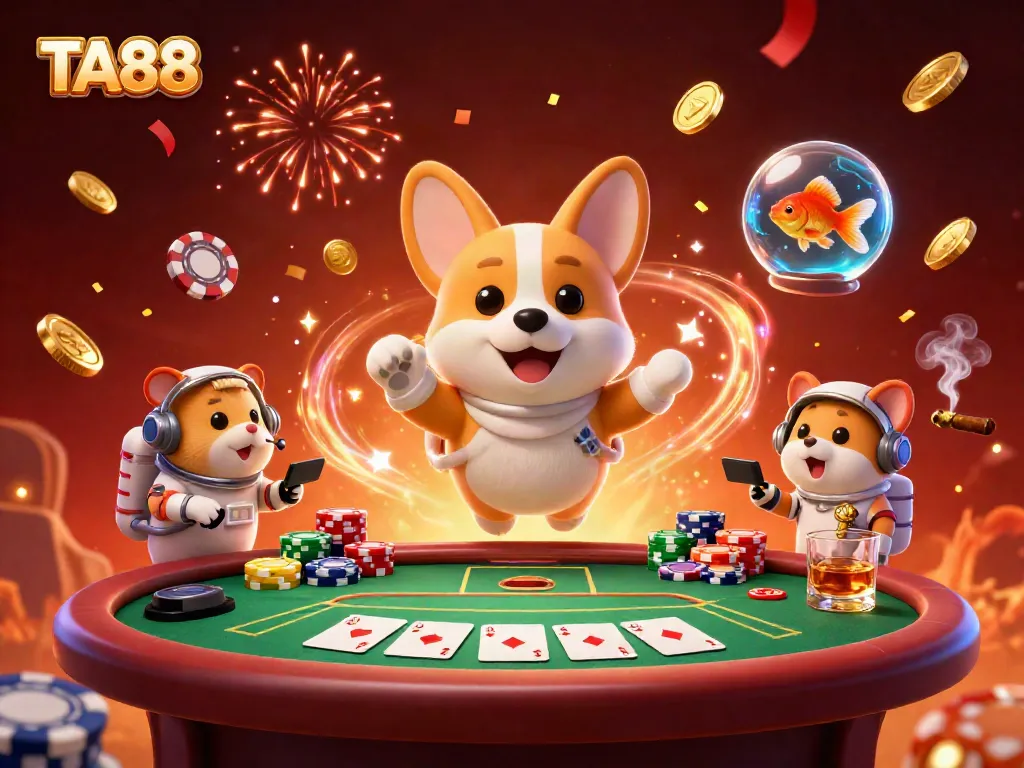 Experience TA88's thrilling casino adventure with a playful corgi astronaut and vibrant poker elements.