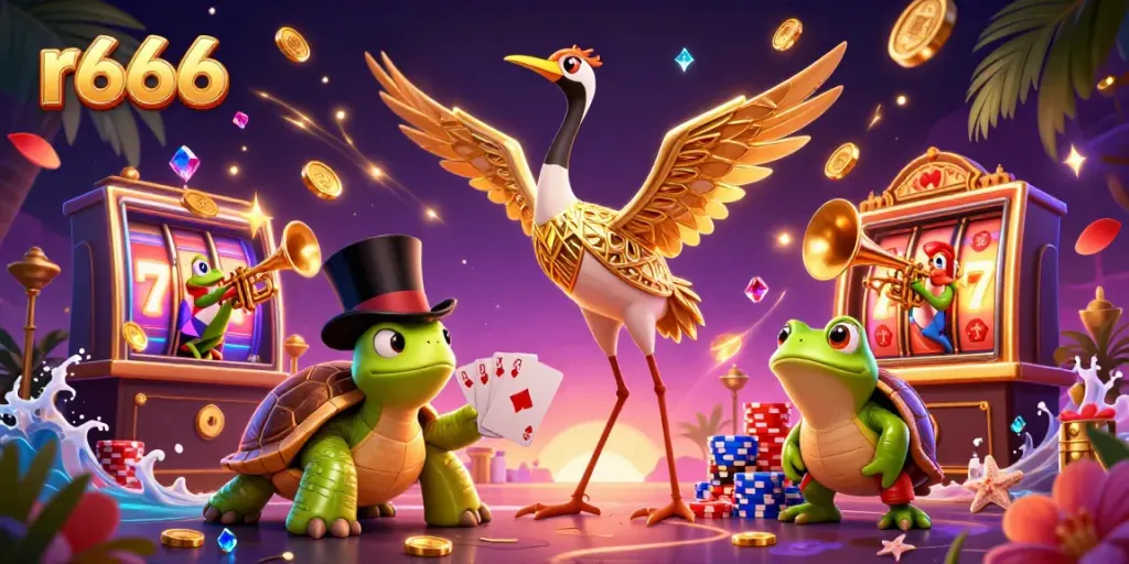 Experience the thrill of r666 gaming with vibrant characters and slot machine reels in action.