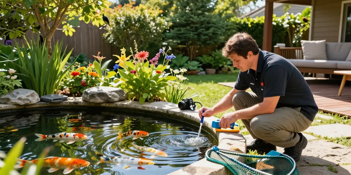 Pond experts testing water quality in a vibrant backyard koi pond.