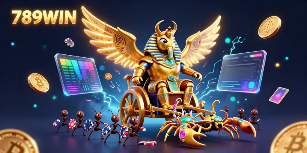 Experience thrilling gaming with 789WIN in this vibrant 3D illustration featuring a majestic scorpion chariot.
