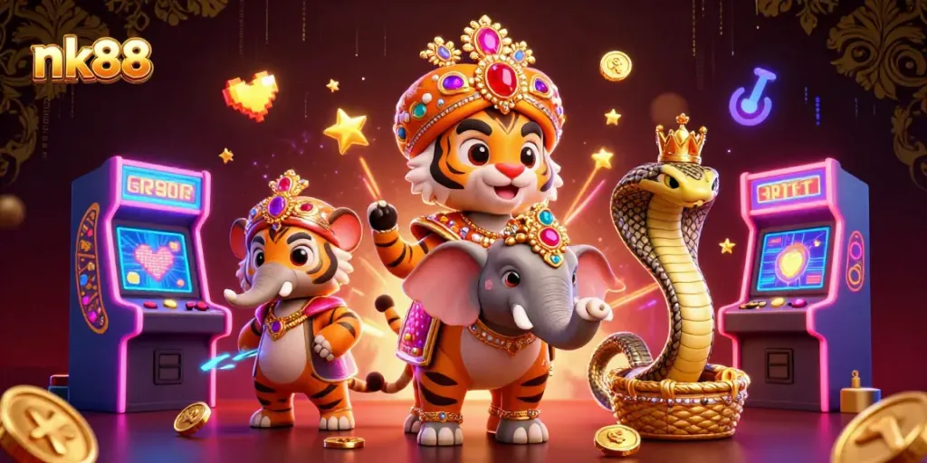 Engage with nk88's rich gaming experience featuring vibrant casino elements and energetic characters.