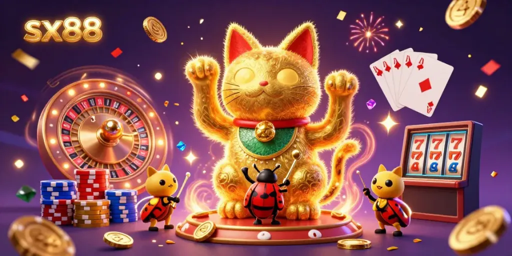 Experience the vibrant excitement at sx88 with captivating casino symbols and a lucky cat in an enchanting setting.