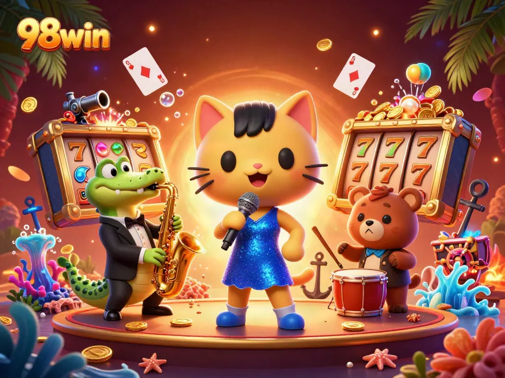 Experience the excitement of 98win casino with a vibrant 3D jazz scene and gaming elements.