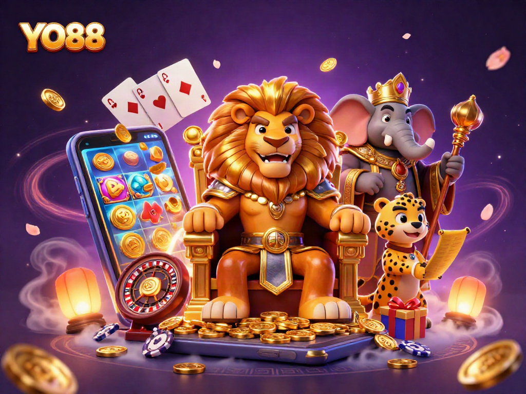 Experience thrilling gameplay at YO88 with a majestic lion king amidst extravagant casino elements.