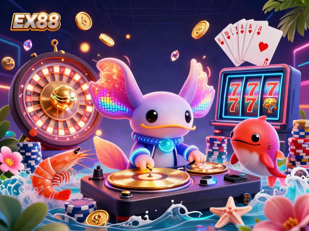 Experience the vibrant energy of EX88 with a 3D casino scene featuring an axolotl DJ and lively characters.