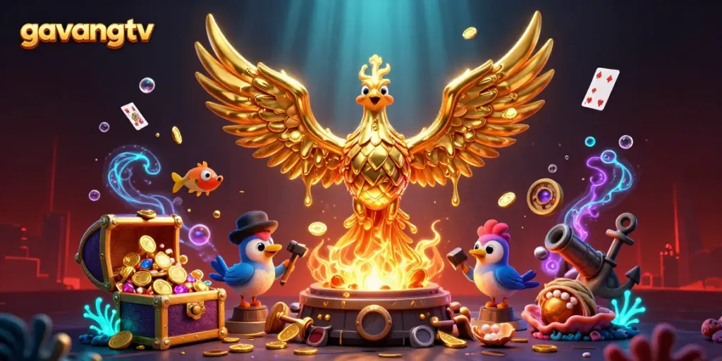 Experience the thrilling performance of gavangtv in this vibrant 3D illustration of a molten phoenix and gold coins.