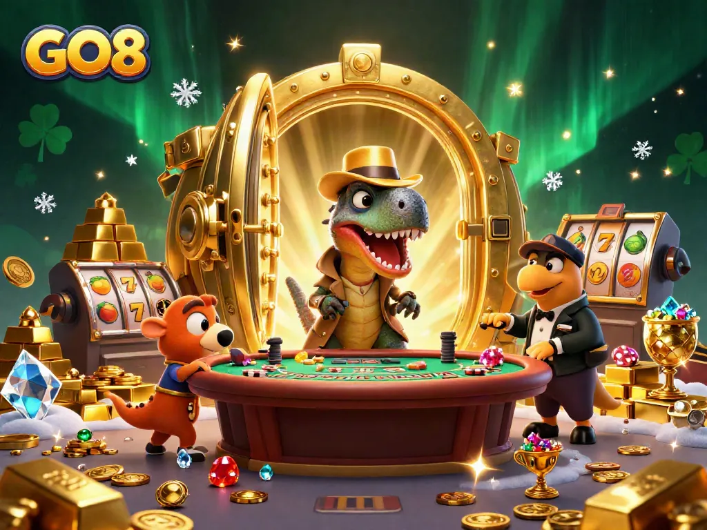 GO8 showcases a dynamic scene with a velociraptor card counter at a bustling blackjack table.