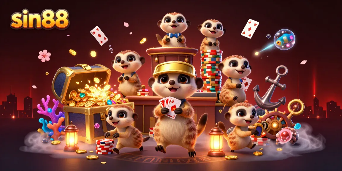Experience the thrilling casino action with sin88 and animated meerkats managing the game.