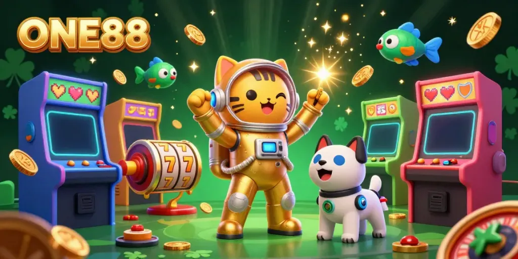 Celebrate winning with ONE88 as a space astronaut cat and robot dog surround vibrant casino elements!