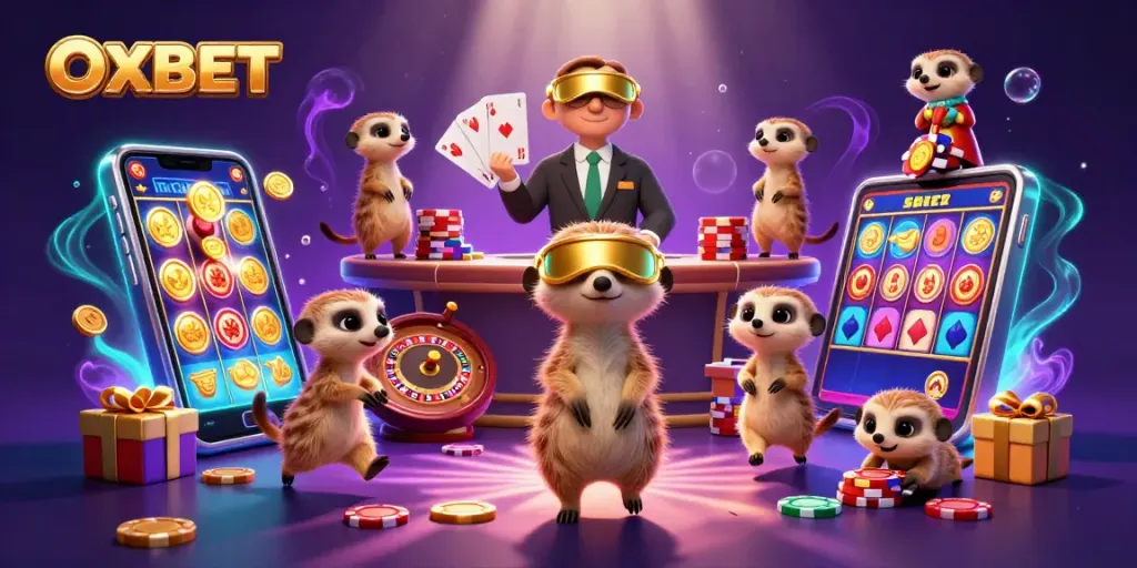 Experience OXBET through playful meerkats managing a vibrant casino operation full of games and excitement.