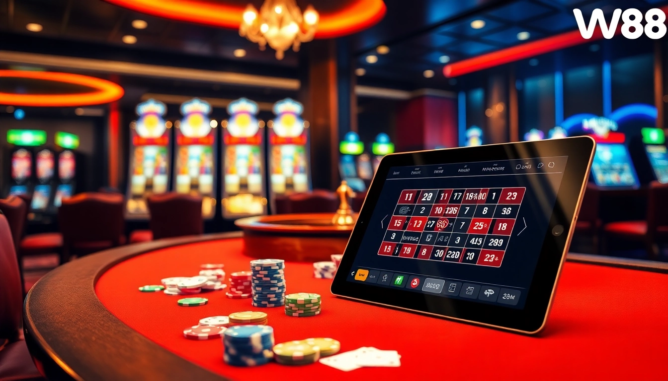 WW88 online casino scene featuring vibrant chips and cards at a luxurious gambling table.