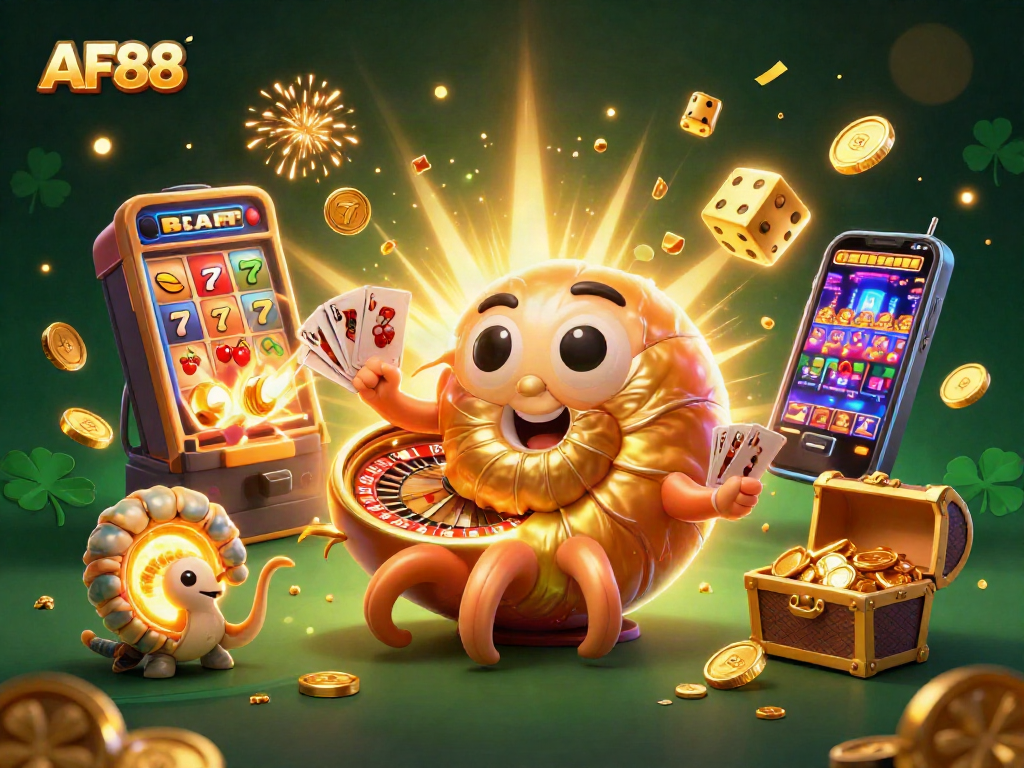 Experience AF88's thrilling casino world with a vibrant 3D illustration full of winning elements.