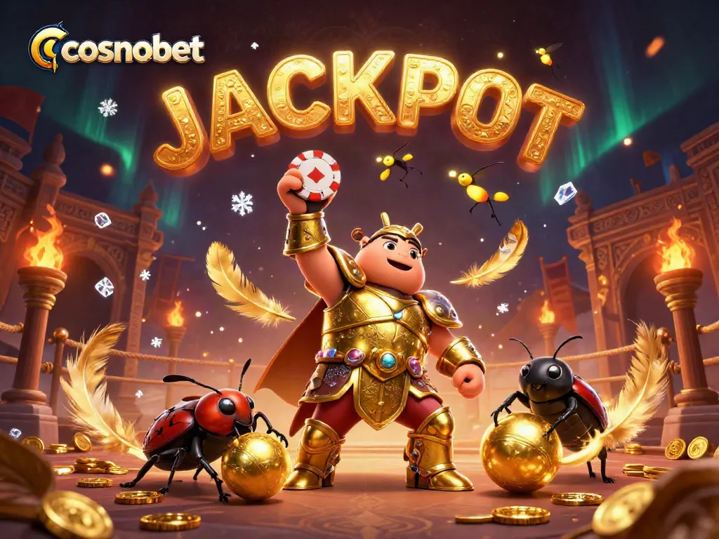 Experience the thrill of cosmobet with a beetle champion lifting a poker chip in victory.