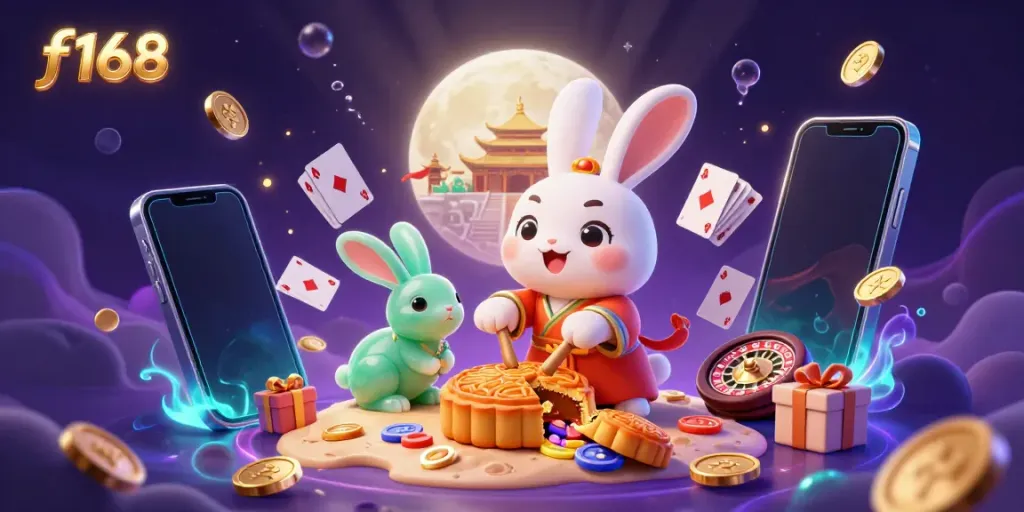 Experience the vibrant world of f168 online casino with an animated moon rabbit unveiling poker chips.