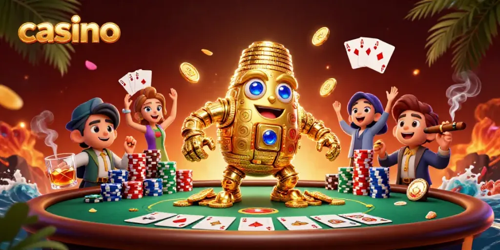 Engage in casino action with a dynamic 3D illustration featuring a golden golem and poker elements.
