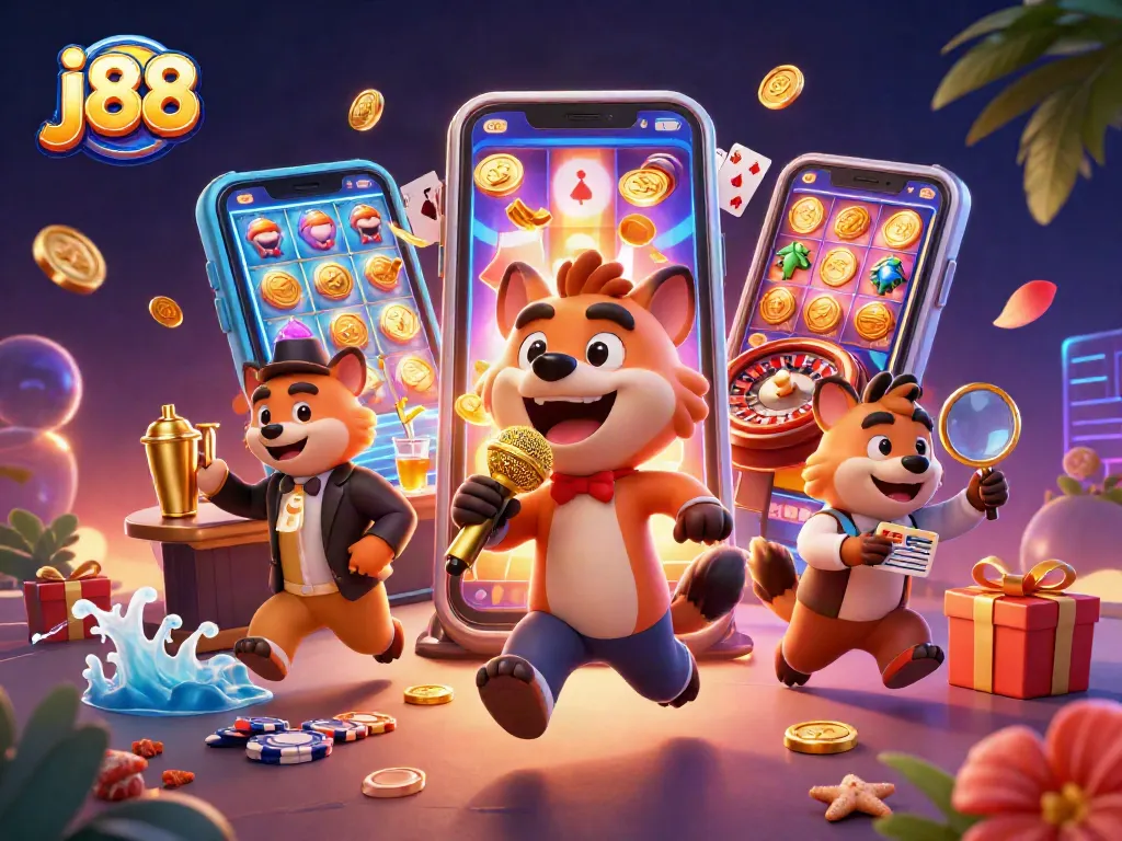 Experience the j88 casino excitement with lively hyenas performing in a vibrant scene.