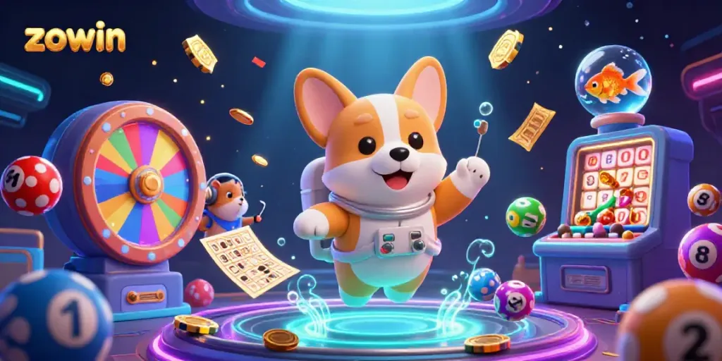 Experience the thrilling universe of zowin with vibrant casino elements and characters in zero gravity.