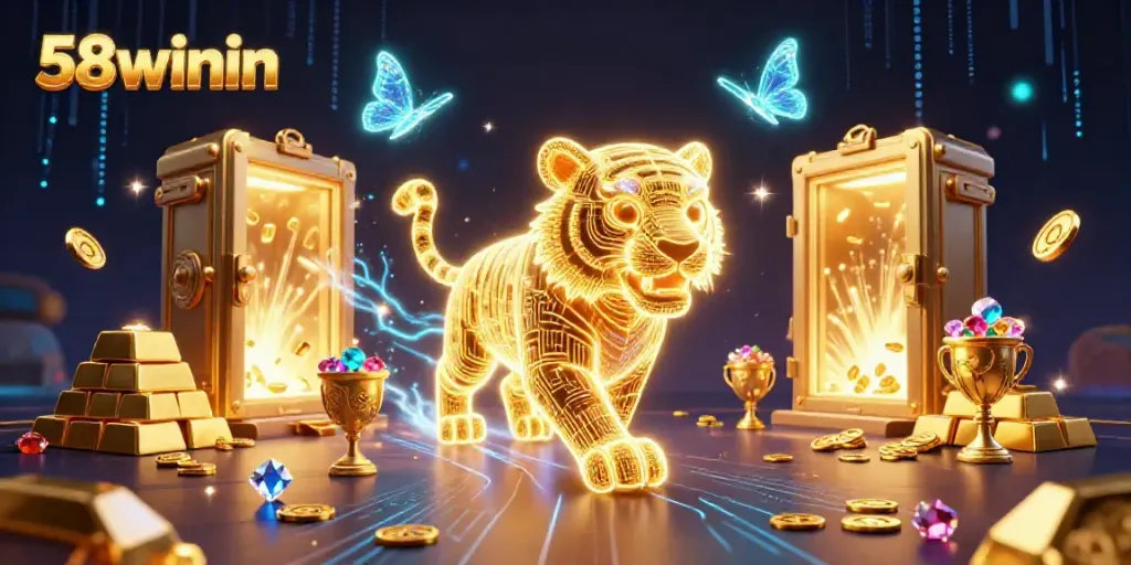Experience thrilling adventures at 58winin with vibrant golden treasures and a neon-wireframe tiger