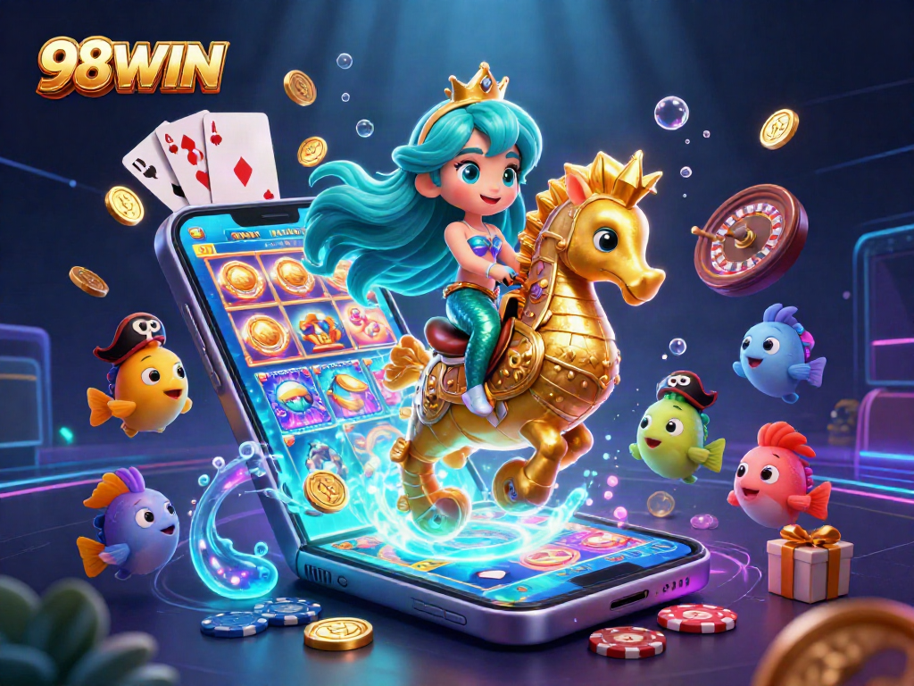 Spin the reels with 98WIN in this vibrant 3D casino illustration featuring a mermaid