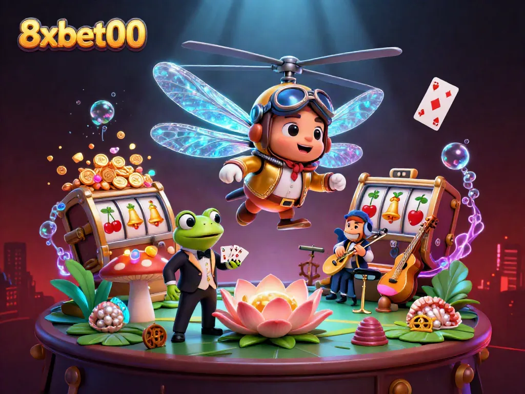 Experience 8xbet00's vibrant casino illustration featuring dynamic characters and gaming elements in an engaging scene.