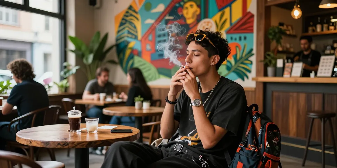 Individual enjoying a cigarette in stylish café setting, showcasing modern smoking culture with rokok88 vibes.