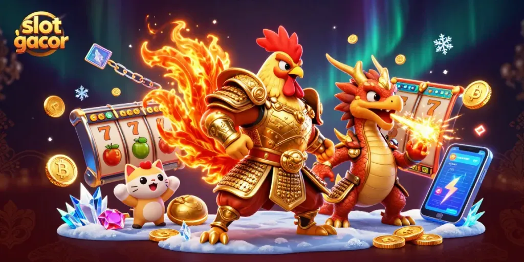Experience the excitement of slot gacor with a dynamic scene of a rooster warrior and dragon hatchling surrounded by vibrant game elements.