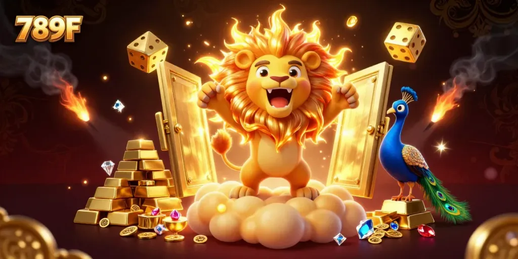 Experience the vibrant energy of 789F with a majestic sun lion and wealth symbols in a stunning 3D illustration.