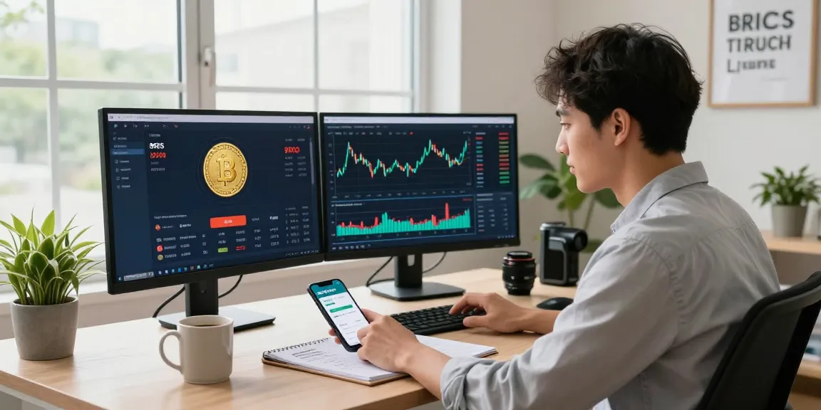 Buy BRICS coins in a modern home office with cryptocurrency dashboards.