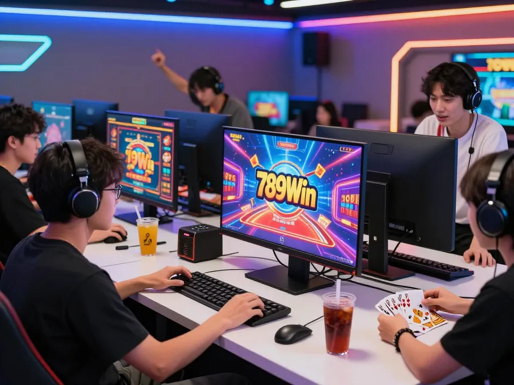 Exciting gaming atmosphere at 789Win with players enjoying online slots and card games.