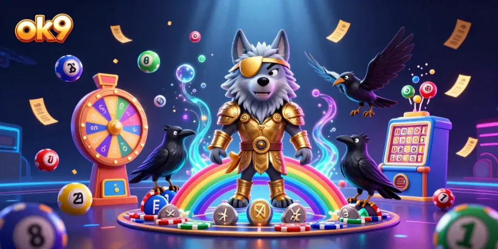 Spin the reels with ok9's colorful casino scene featuring Odin and his ravens amidst vibrant games.