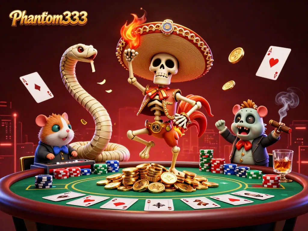 Join the excitement at Phantom333 with a vibrant 3D illustration of characters reveling amidst poker games and riches.