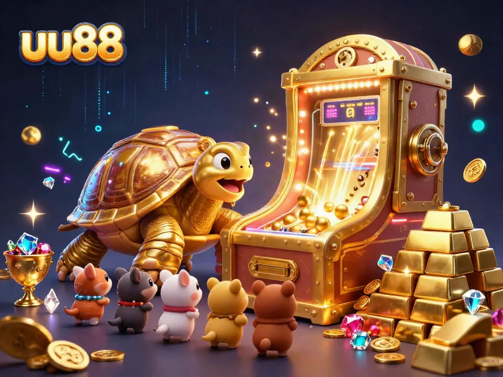 Join the excitement of uu88 with a colossal tortoise pinball machine surrounded by stunning treasures.