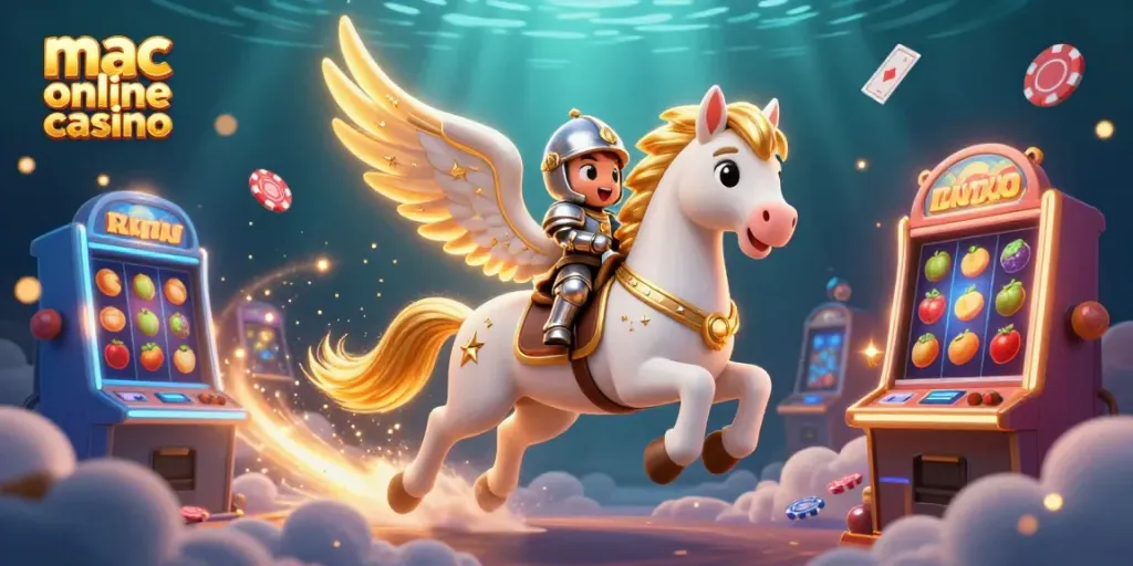 Witness an enchanting scene in a mac online casino, featuring a celestial horse and a knight amidst vibrant slot games.
