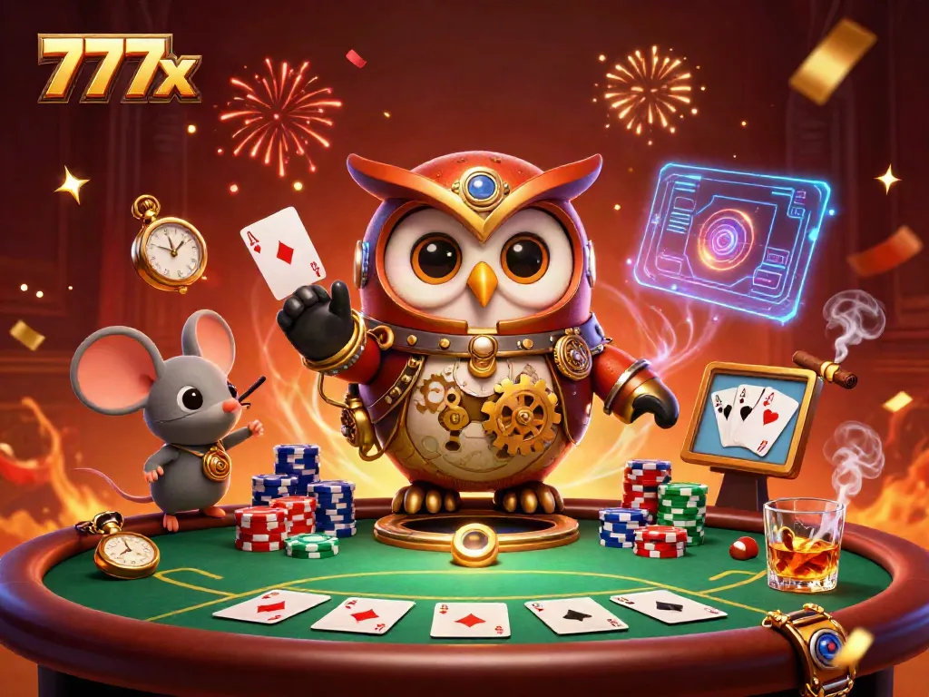 Delight in the vibrant 777x casino scene featuring a time-traveling owl and playful elements.