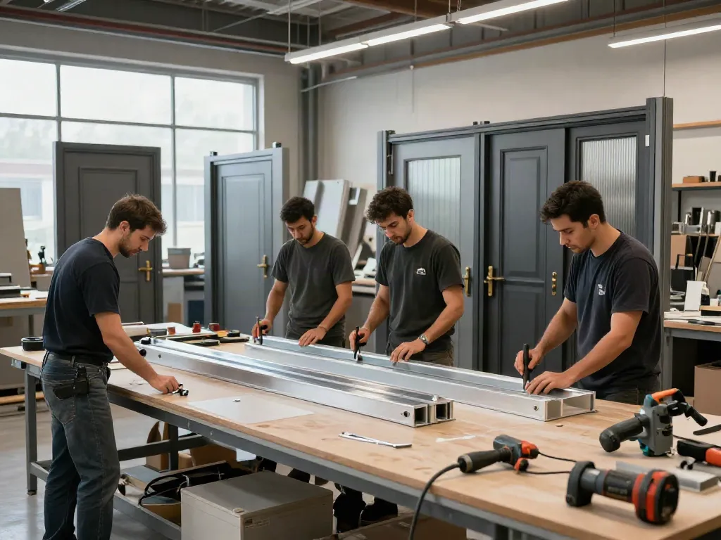 Al Taher carpentry and aluminium workshop with craftsmen fabricating custom gates and doors.