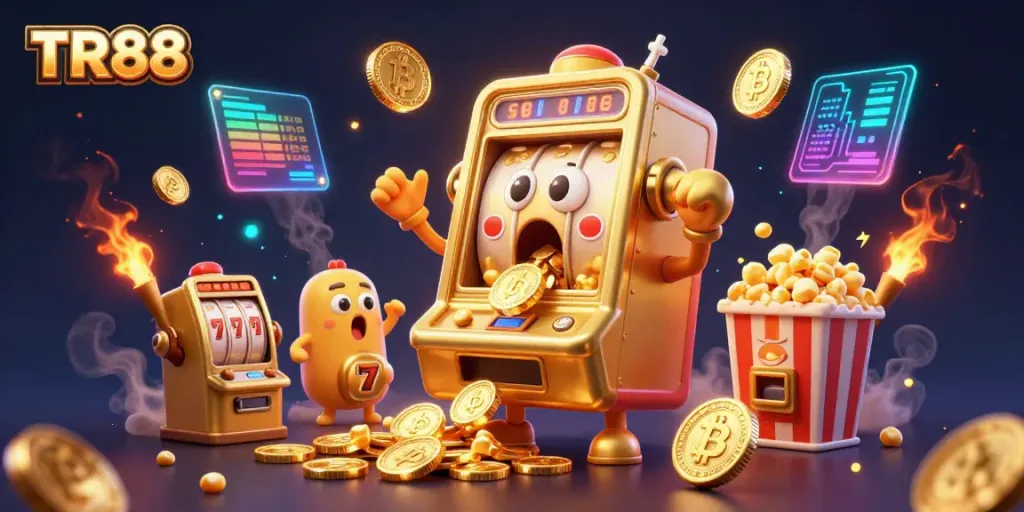 Hit the jackpot with TR88's golden slot machine and vibrant cheering companions for an exciting casino experience!