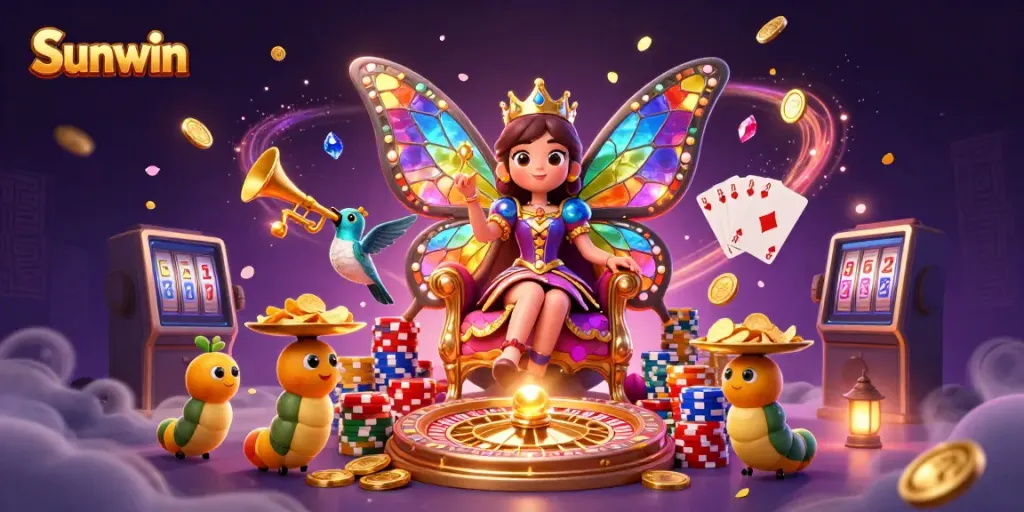 Experience the excitement of Sunwin with vibrant characters and gaming elements in a magical casino scene.
