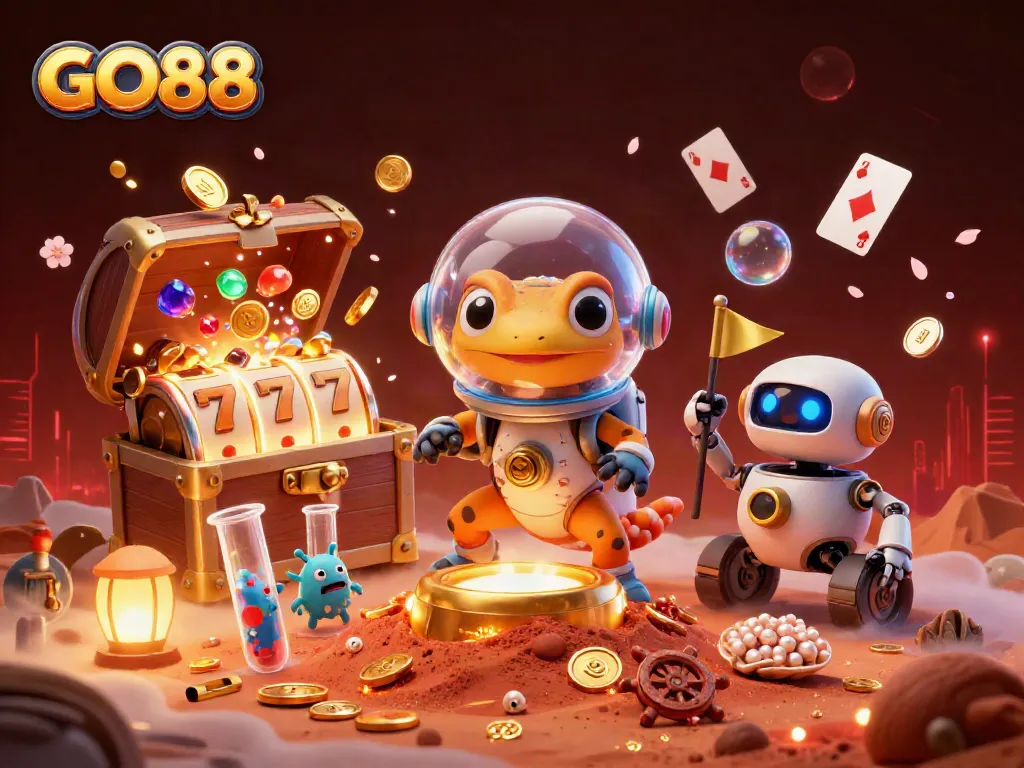 Engage with GO88's thrilling slots as a cartoon Martian gecko discovers a vibrant casino scene.