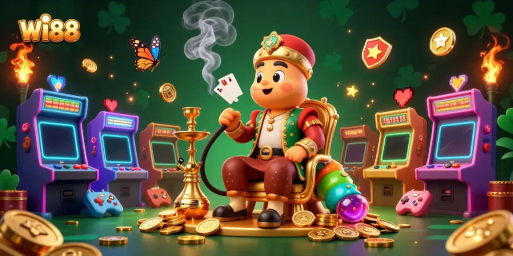 Engage with the exciting world of WI88, depicted in a colorful 3D casino scene filled with gaming elements.