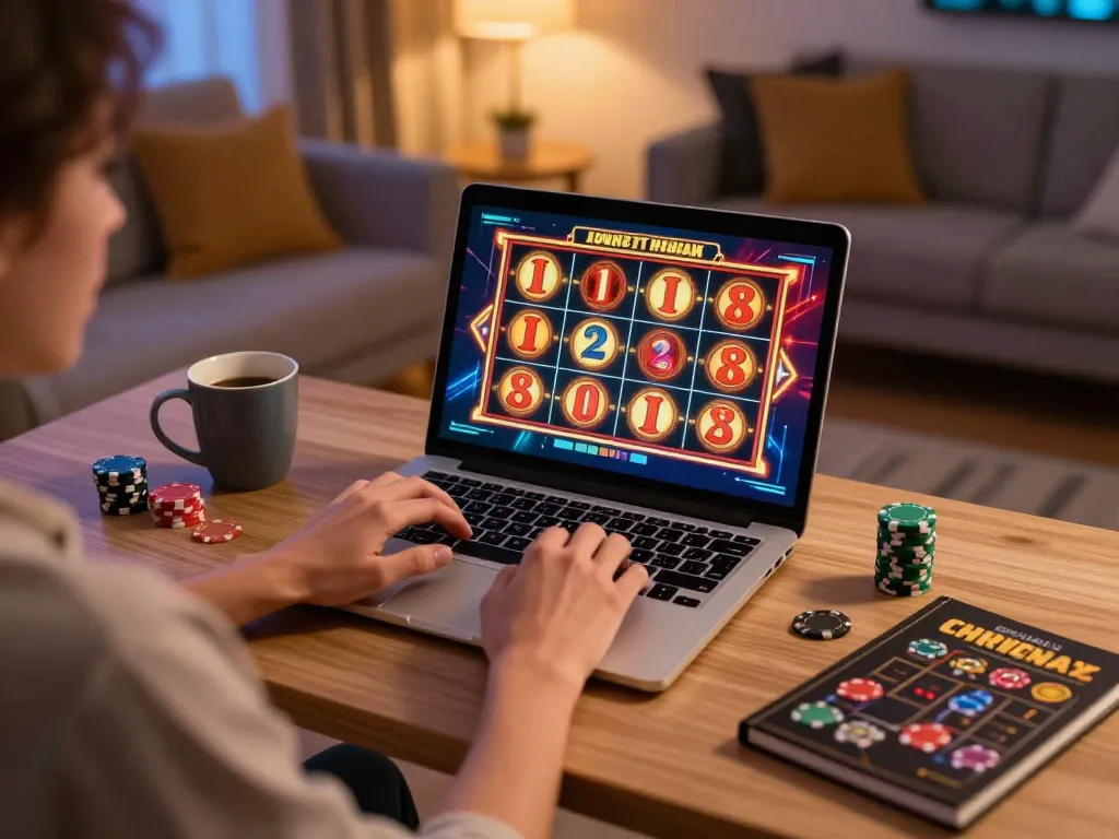 Engaging online gambling experience at https://vmax88vip.com/ with player enjoying exciting slots at home