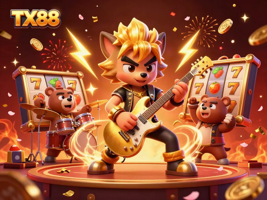 Experience the electrifying fun at TX88 with a vibrant 3D casino illustration showcasing a rock star wolf and drummer bear.