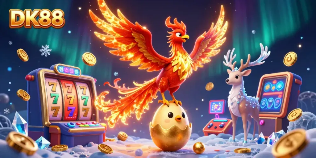 Experience the excitement of DK88 with a colorful phoenix scene, featuring slot machines and gold coins.