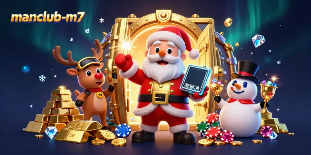 Spin and win at manclub-m7 with an enchanting casino scene featuring Santa and friends!