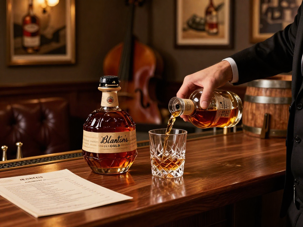 Blanton's Gold bourbon served in an elegant bar setting with a bartender pouring.