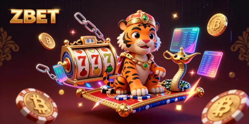 ZBET casino's vibrant scene with a tiger sultan on a poker chip carpet, surrounded by slot elements and crypto coins.