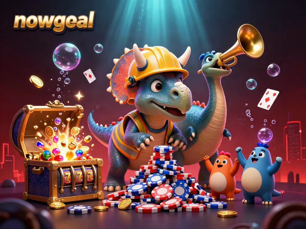 Cheerful 3D triceratops builds a poker chip pyramid in the vibrant nowgoal gambling scene.