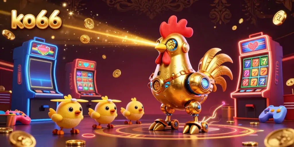 Experience thrilling wins with ko66 in this vibrant 3D casino scene showcasing a golden rooster robot and baby chick drones.