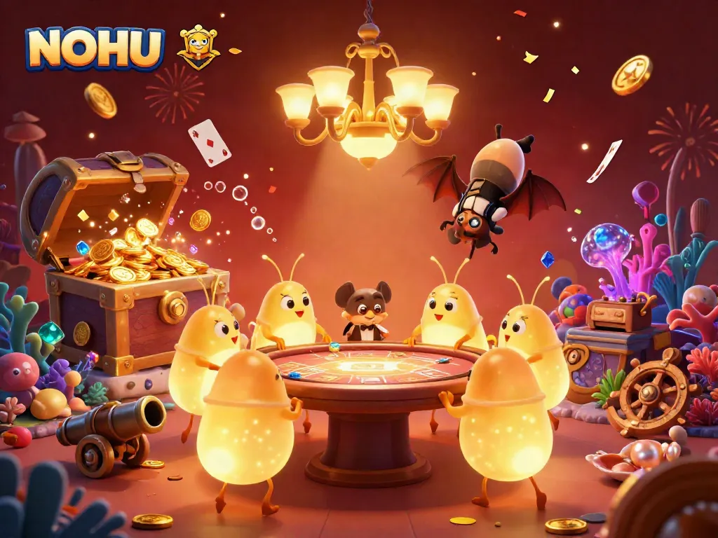 Engage with NOHU, the vibrant casino scene illuminated by glowworms, featuring gold coins and lively decorations.
